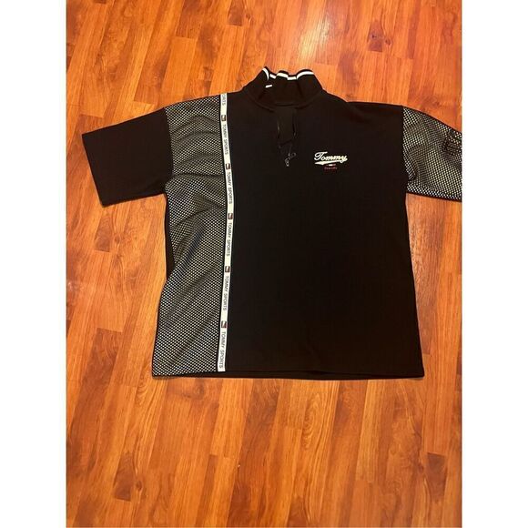 VINTAGE 1990 TOMMY HILFIGER POLO SHIRT XL MENS BLACK SPORT SPELL OUT BIG LOGO - Picture 1 of 7